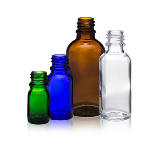 four empty dropper bottles of varying sizes including a green, blue, amber, clear glass