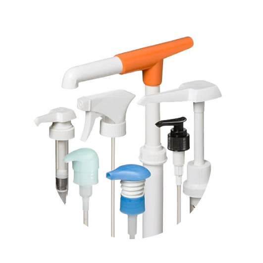 seven dispensing pumps of varying sizes and styles